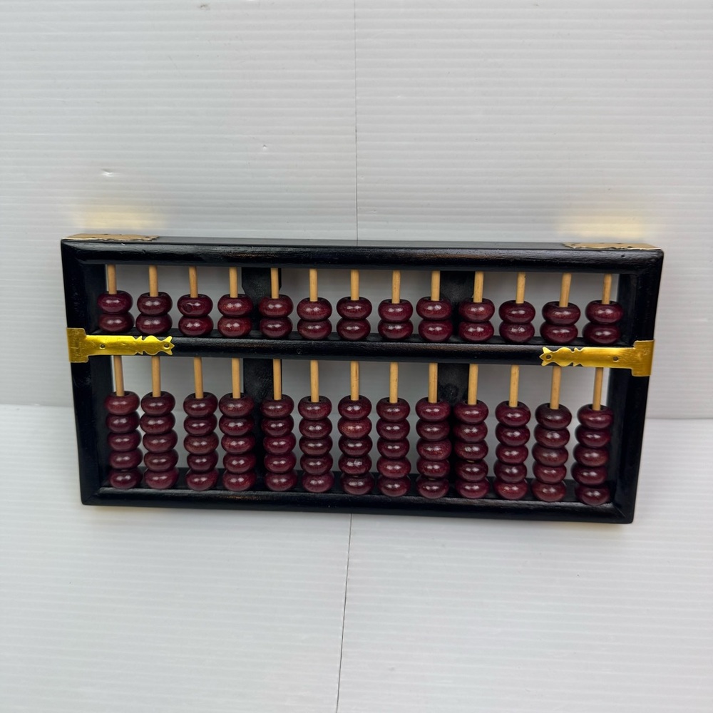 Vintage Chinese Abacus Wood & Brass Calculator 13 Row 91 Red Beads Calculator